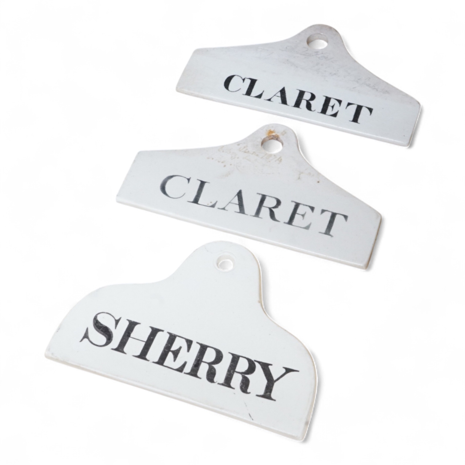 Two Creamware Claret labels, 14.4cm wide and a similar Sherry label, c.1820